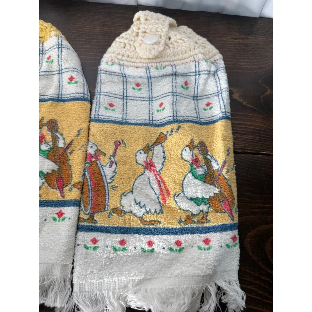 Vintage Musical Geese Hanging Kitchen Towels Set of 2 Crocheted Top Made in USA